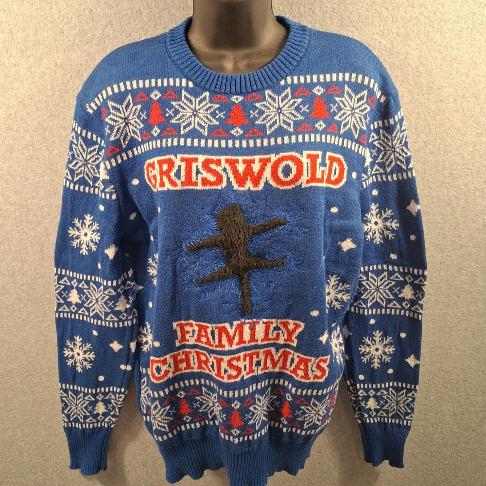 National Lampoon's Christmas Vacation Sweater Large Blue Good Griswold Cat Snag